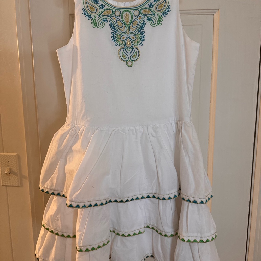 American Girl White Tiered Dress with Green and Teal Embroidery